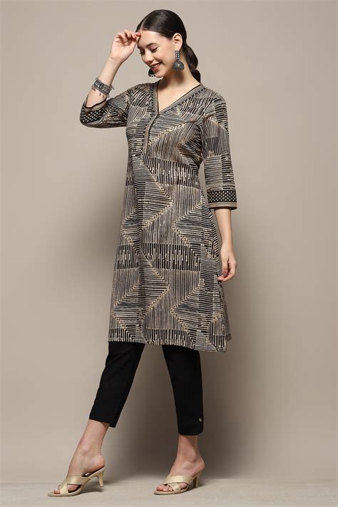 Black Cotton Geometric Printed Straight Kurta at Biba India