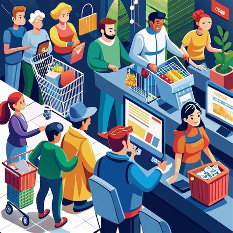 Customers line up at checkout in grocery store with shopping carts ...