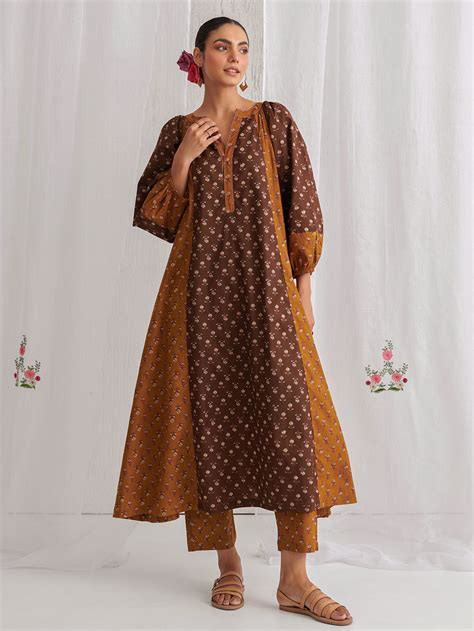 Brown Printed Cotton Kurta with Pants- Set of 2