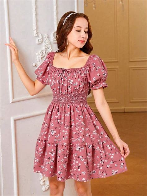 SHEIN Teen Girl Ditsy Floral Square Neck Bow Tied Puff Sleeve Dress ...