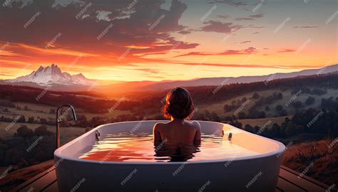 Premium Photo | Young woman take bath outdoor at sunset girl rear view to nude back take relax ...