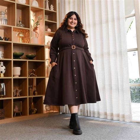 Buy Sugar Brown Woollen Fleece Aline Dress | Meera Plus Size
