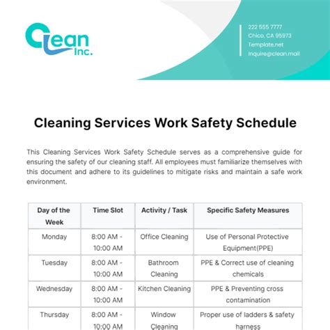 Free Cleaning Services Work Safety Schedule Template to Edit Online