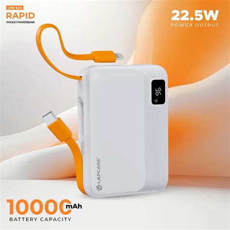 Rapid 10000mAh Pocket Power Bank With 22.5W charging & In-Built Cables