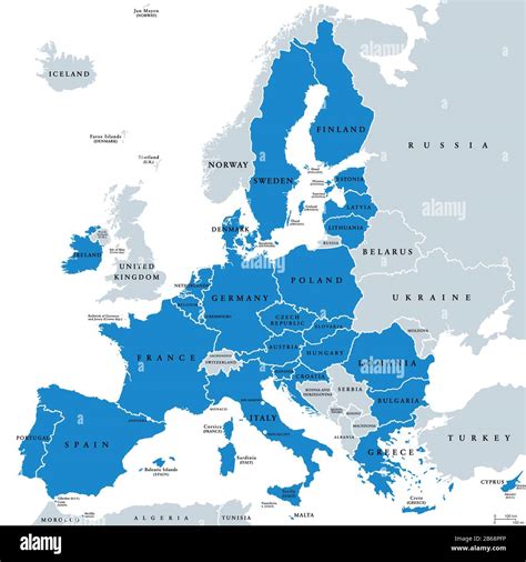 Political map of European Union member states. 27 EU member states, after United Kingdom left ...