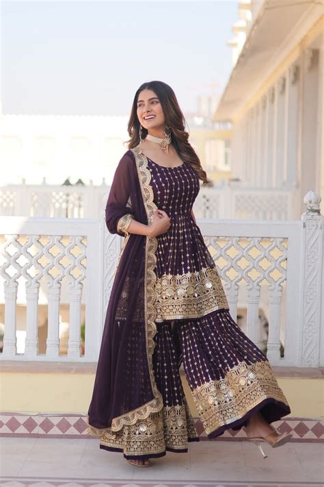 Wine Premium Designer Kurti-Gharara-Dupatta Set for Dazzling
