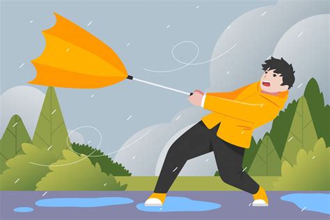 卡通刮风下雨天跟雨伞拔河的少年-欧莱凯设计网