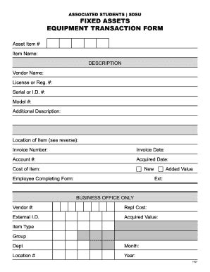 Fillable Online as sdsu Fixed assets equipment transaction form ...
