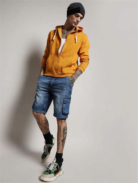 ₹899 | Campus Sutra Men's Mustard Yellow Zip-Front Hoodie With Contrast ...