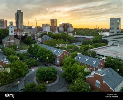 Aerial view of downtown New Brunswick, New Jersey with dramatic ...