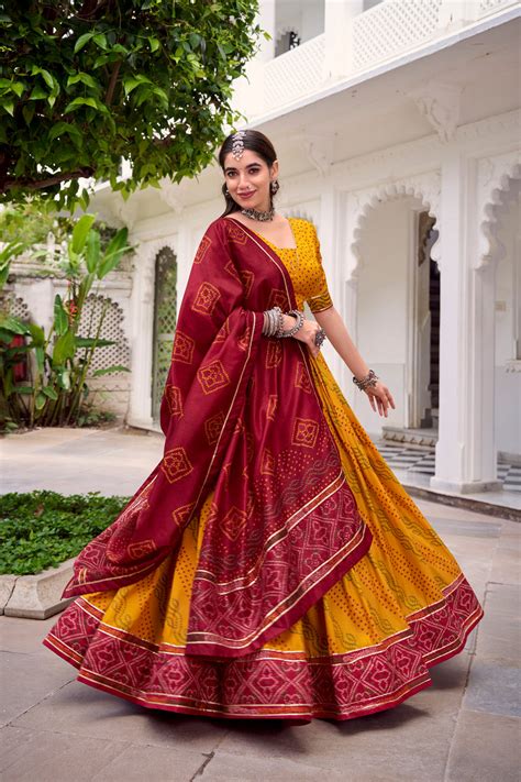 Women's Yellow Tasar Silk Bandhej Print With Gotta Patti Lace Touch Up ...
