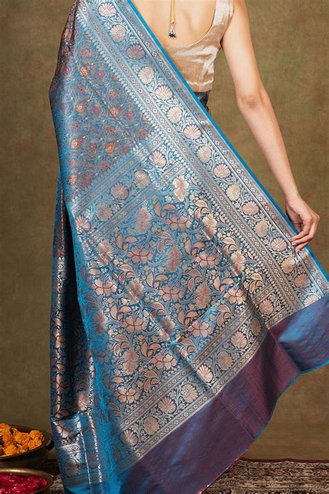 Buy Firozi Floral Jamewar Tanchoi Banarasi Silk Saree - House Of ...