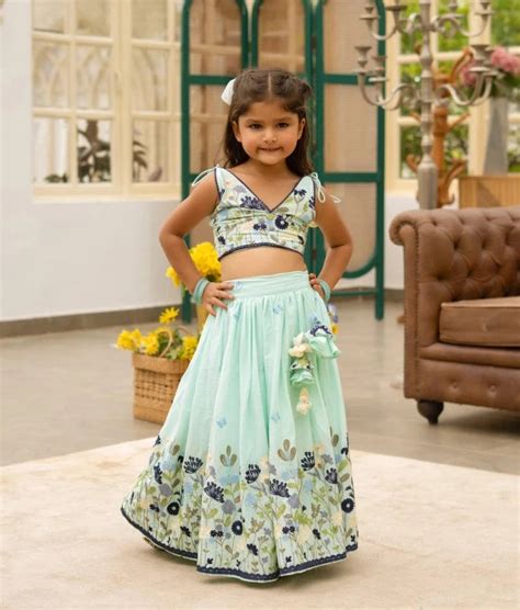 Blue Cotton Mul Embroidered Crop Top Skirt Set – FayonKids