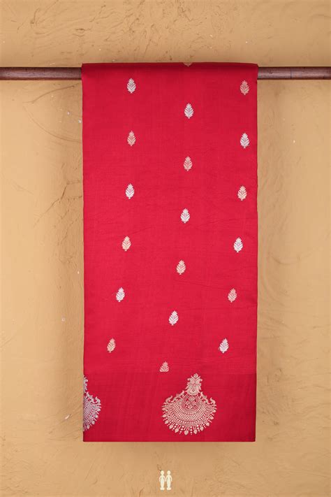 Raw Silk Saree In Scarlet Red With Zari Buttas