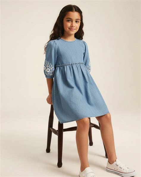 Girls Denim Embroidered Dress – Spunkies