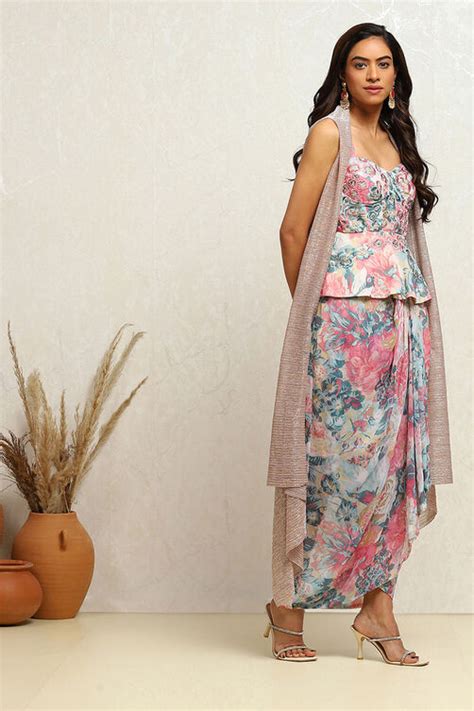 Multi-coloured Georgette Floral Printed Fusion Set at Biba India
