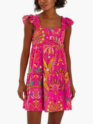 Accessorize Ornamental Print Frill Shoulder Dress, Pink