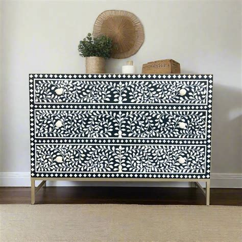 Scroll Vine Bone Inlay Chest of 3 Drawers Black – Luxury Handicrafts