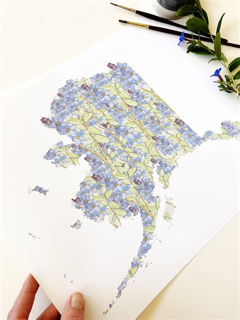 ALASKA State Flower Map: Forget-me-not: PRINT — Turn-of-the-Centuries