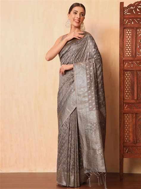 IMCX3214 Grey Resham & Zari Woven Traditional Silk Banarasi Saree with ...