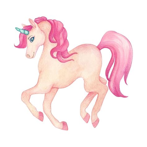 Watercolor illustration of a cute jumping unicorn in pink and turquoise ...