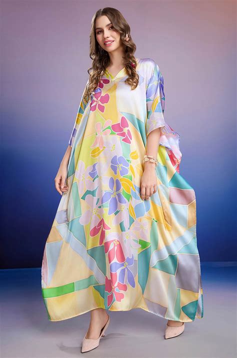 Lemon Blossom Soft Satin Kaftan with Digital Print – Label Aarna