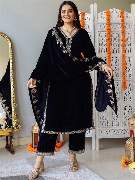 Buy Navy Blue Embroidered Velvet Straight Kurta With Trousers & Dupatta ...