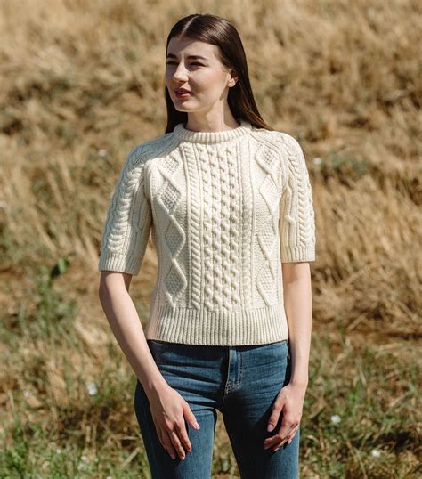 Aran Traditional Short Sleeve Sweater 100% Merino Wool Women's Cable ...