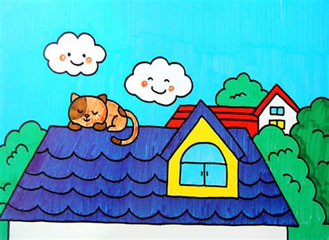 如何画屋顶上睡觉的猫，儿童水彩画作品欣赏-露西学画画