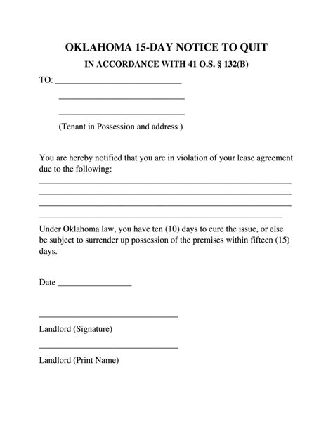 Oklahoma 15-Day Notice to Quit - Blank Fillable Template | Fill Out ...