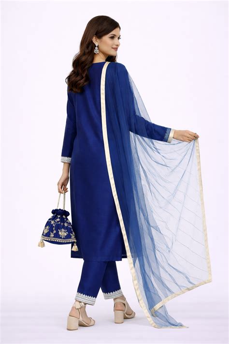 Royal Blue Katan Silk Kurti Set with Dori Work and Net Dupatta – Affifa