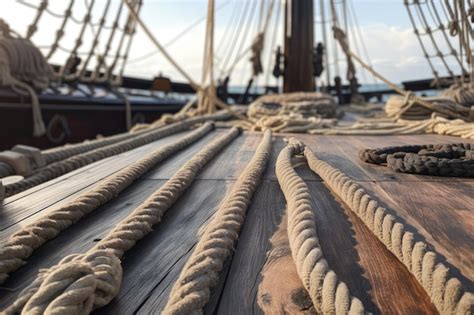 Plan rapproché de planche en bois sur le bateau pirate avec des cordes ...
