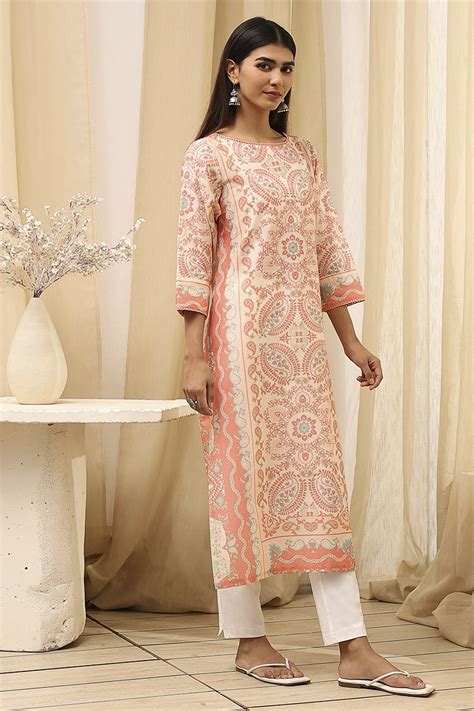 Buy Peach-Colored Cotton Printed Straight Kurta Online at Biba India