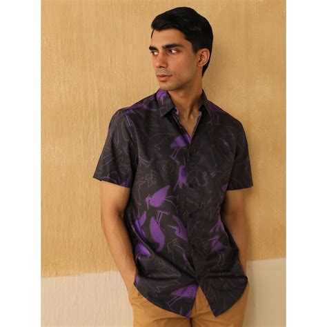 Buy Andamen Men Black Print Cotton Twill Slim Half Sleeve Shirt Online