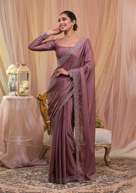 Buy Lavender Stonework Crepe Saree - Koskii