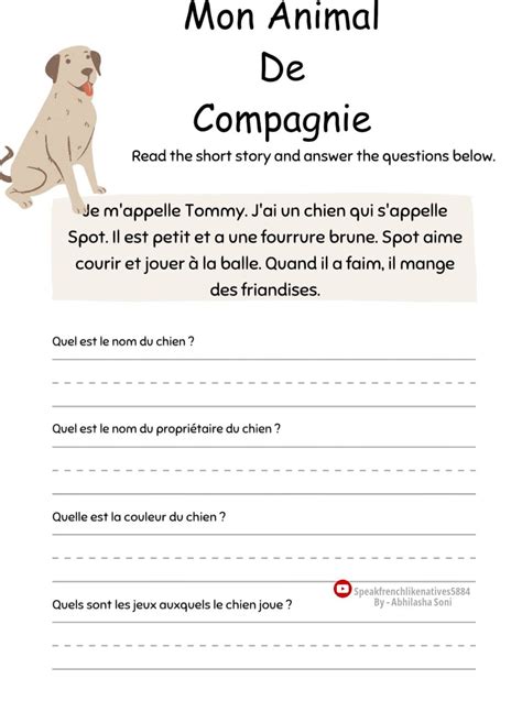 French Reading Comprehension | Animal Companion Worksheet