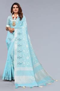 Buy ALAGINI Embroidered Bollywood Cotton Linen, Pure Cotton Blue Sarees ...