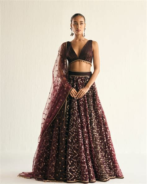 Burgandy and brown zari jaal embroidered lehenga | Cedar & Pine