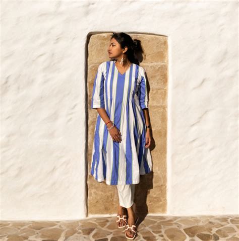 Blue Stripe Pintex A-Line Kurta