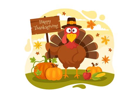 Happy Thanksgiving Day Vector Illustration with Turkey Bird, Pumpkin ...