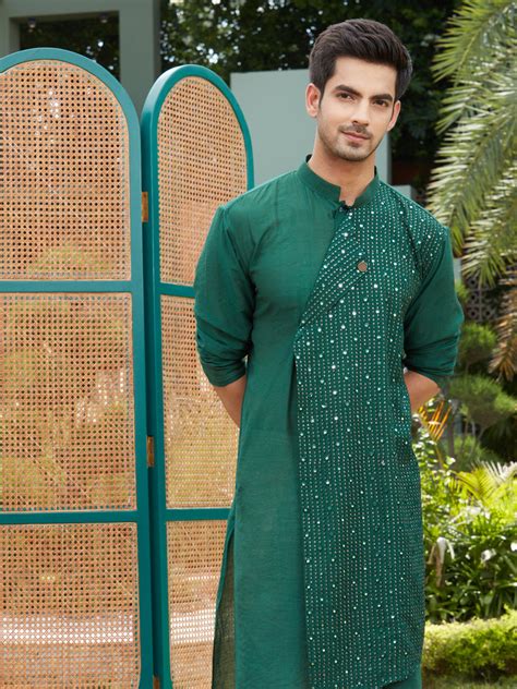 Men's Green Sequined Layered Kurta – vastramay