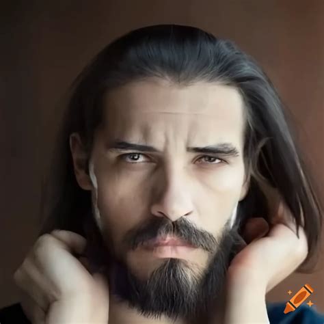 Attractive 34-year-old man with long hair in a bun and a beard on Craiyon