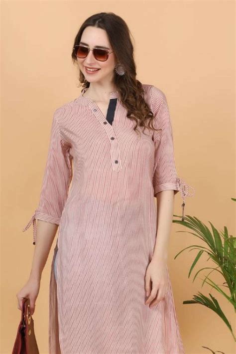 PINK STRIPES Chanderi Jacquard Fabric Kurti One Piece Comfortable Summ ...