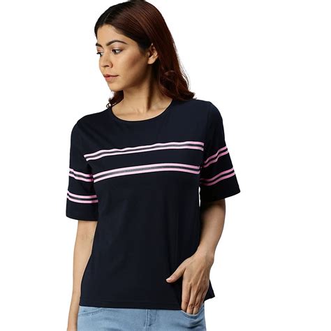 Buy JUNEBERRY Women's Cotton Regular Fit Striped Half Sleeves T-Shirt ...