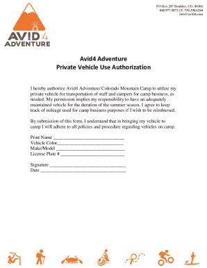 Fillable Online Avid4 Adventure Private Vehicle Use Authorization Fax ...