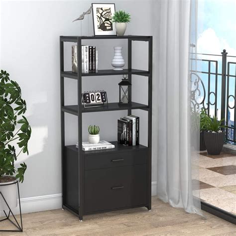 Buy Bookcase Bookshelf, 4-Tier Modern File Cabinet with 2 Drawers ...