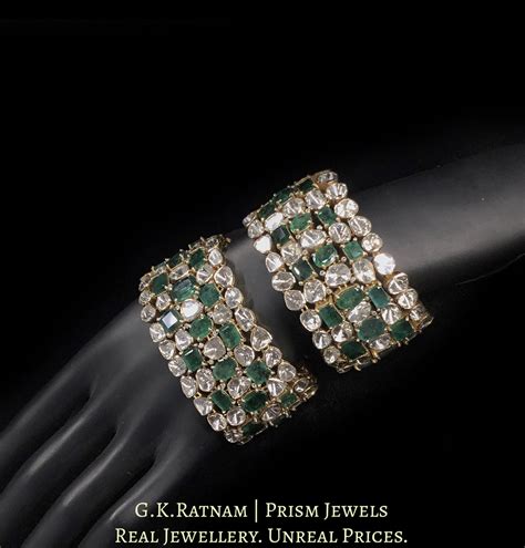 18k Gold and Diamond Polki Open Setting Bracelet Pair with Natural Eme ...