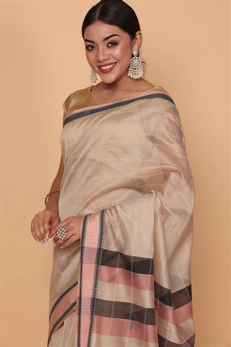 Pinkish Grey Diya Border Cotton and Silk Maheshwari Handloom Saree ...