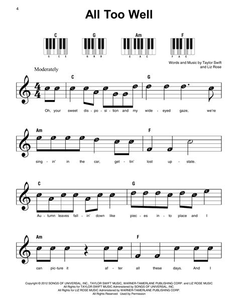All Too Well by Taylor Swift Sheet Music for Super Easy Piano at Sheet ...