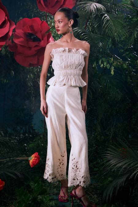 Buy Ivory Chanderi Peony Cut Work Straight Pant For Women by Chandrima ...